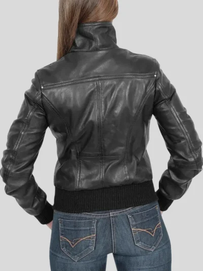 Women's Classic Black Bomber Leather Jacket: Albany - Image 2