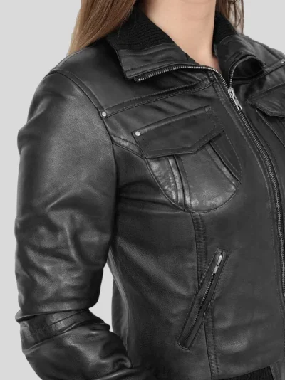 Women's Classic Black Bomber Leather Jacket: Albany - Image 3