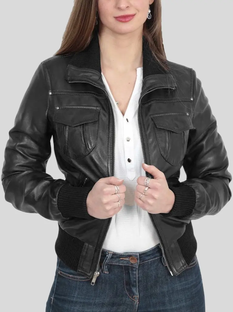Women’s Classic Black Bomber Leather Jacket: Albany