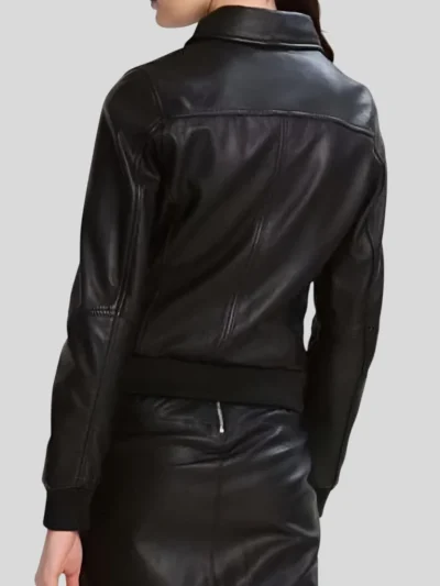 Women's Simple Black Bomber Leather Jacket: Cust - Image 2