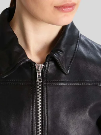 Women's Simple Black Bomber Leather Jacket: Cust - Image 3