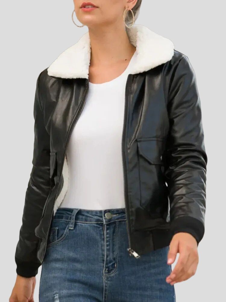 Women Black Bomber Leather Jacket: Levin