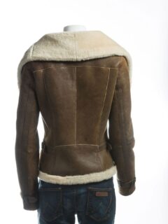 Women Brown Wide Lapel Collar Faux Shearling Leather Jacket: Levin