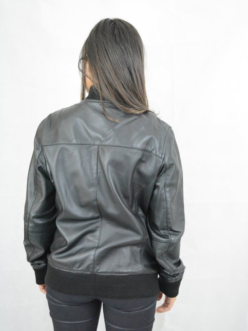 Women’s Black Bomber Leather Jacket: Cheviot