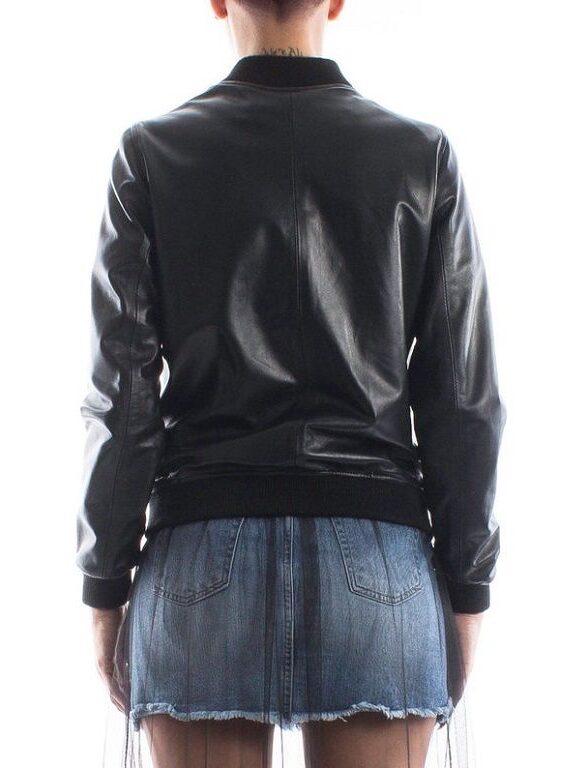 Womens Black Bomber Leather Jacket - Back - Cust