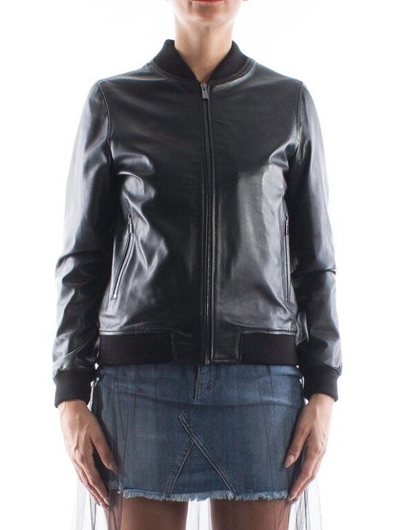 Womens Black Bomber Leather Jacket - Front - Cust