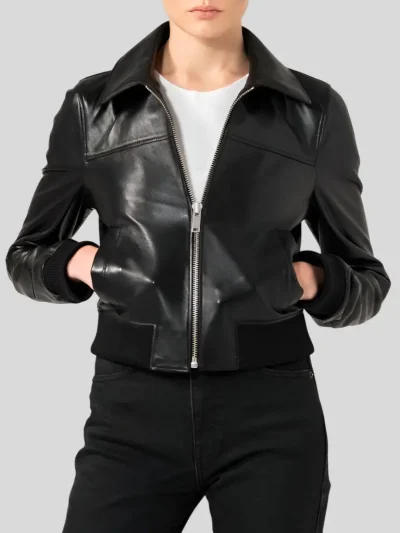 Women's Black Bomber Leather Jacket: Fairlie - Image 3
