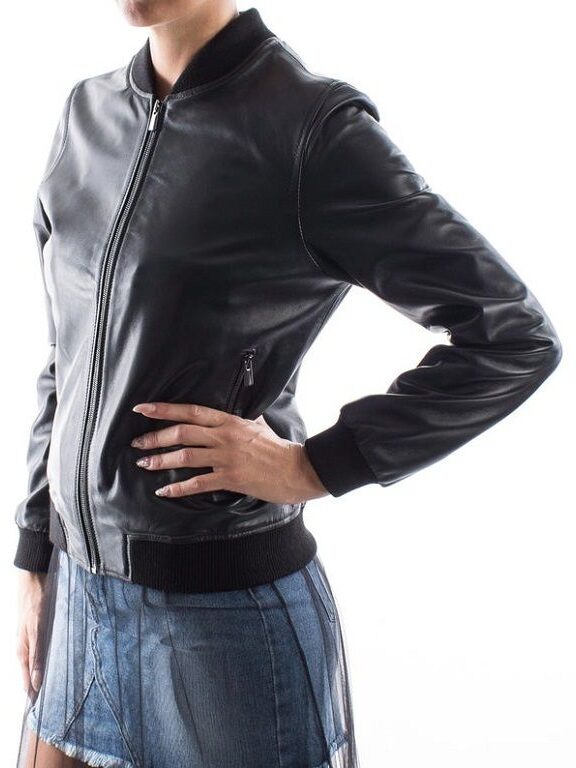 Womens Black Bomber Leather Jacket - Side - Cust