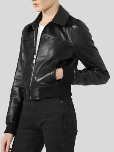 Women's Black Bomber Leather Jacket: Fairlie - Image 4