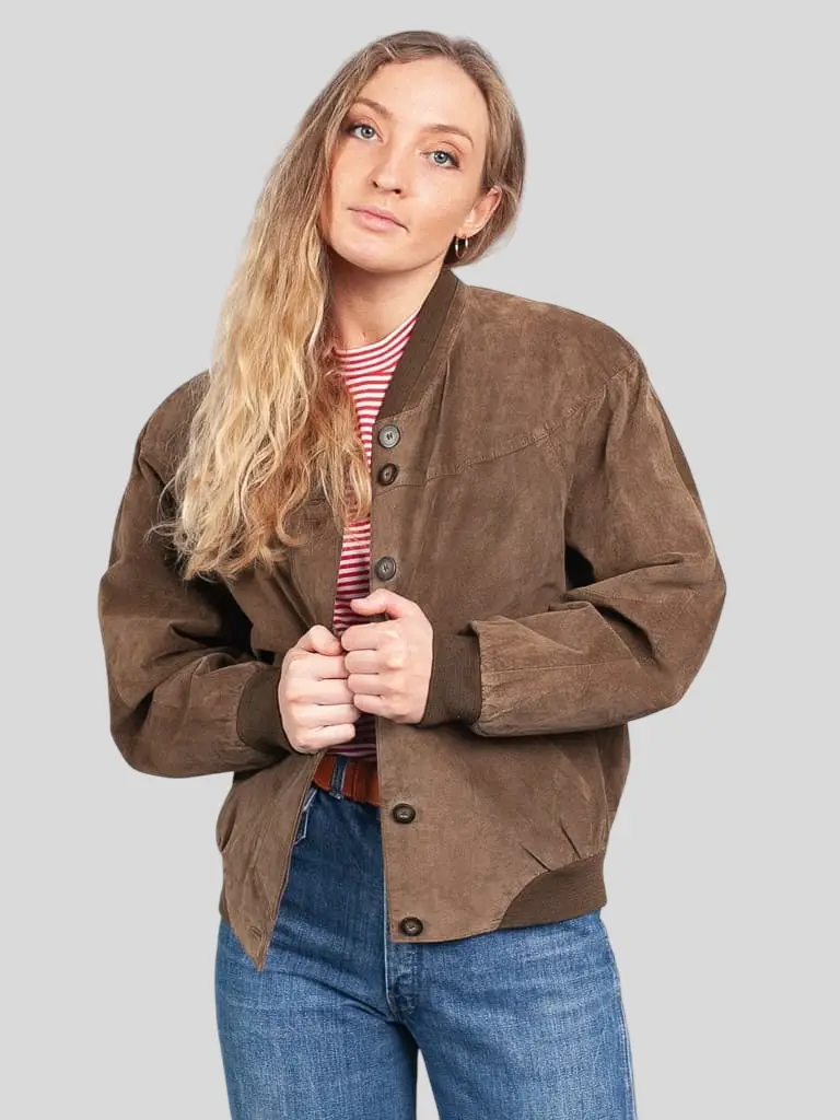 Women’s Brown 80s Suede Bomber Leather Jacket: Balfour