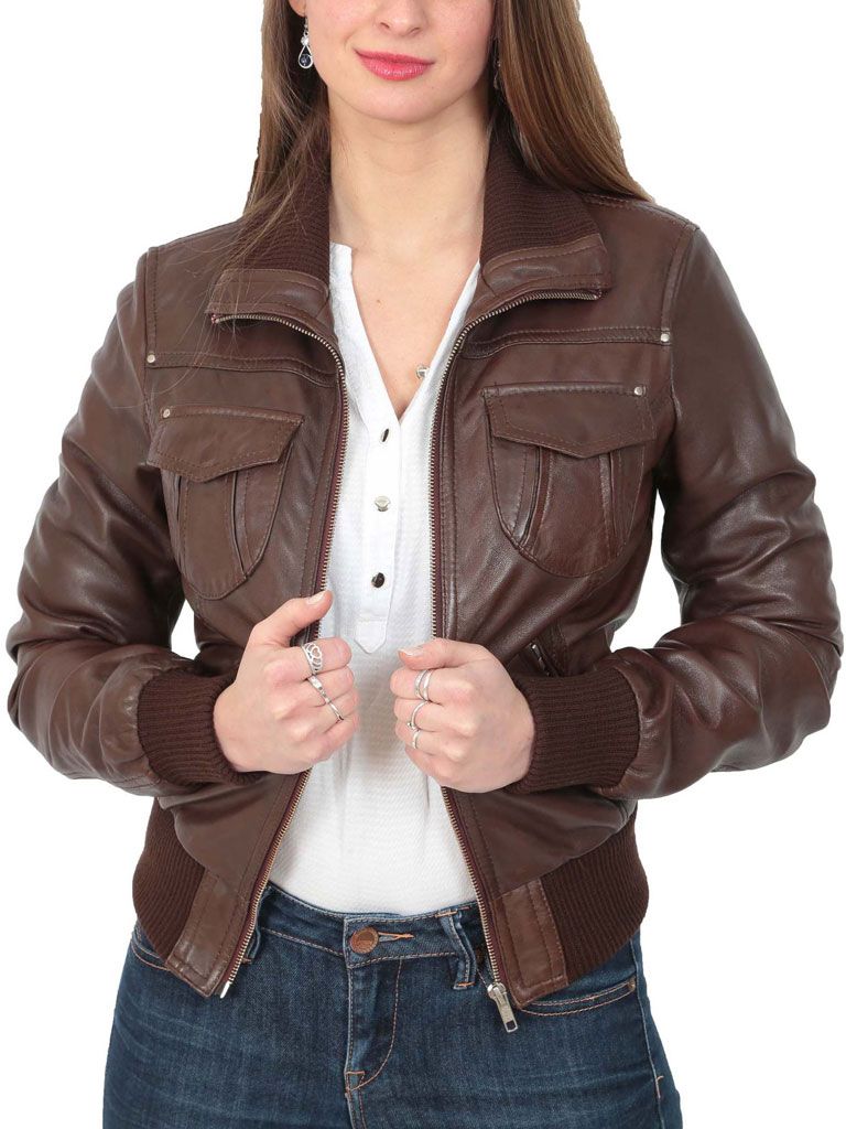 Women's Classic Brown Bomber Leather Jacket - Dobson