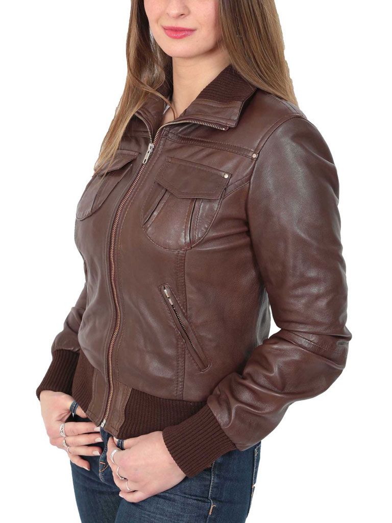 Women's Classic Brown Bomber Leather Jacket - Dobson