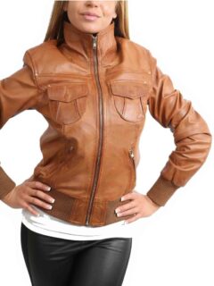 Women’s Classic Tan Bomber Leather Jacket: Fairfax
