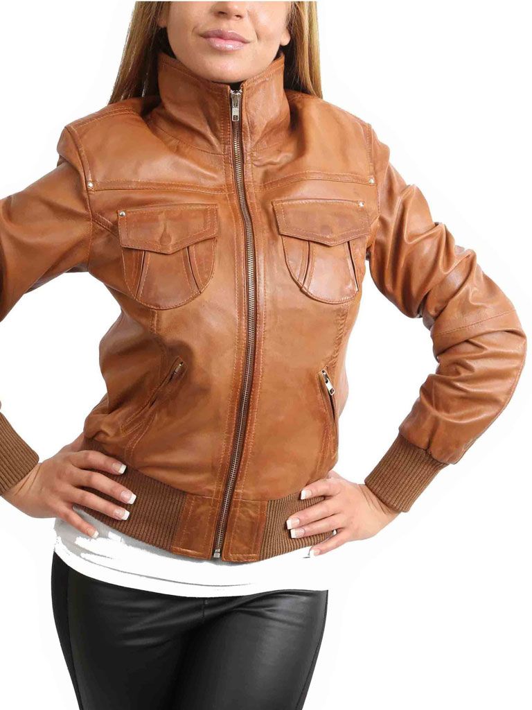 Women's Classic Tan Bomber Leather Jacket - Fairfax