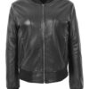 Womens Stylish Black Bomber Leather Jacket - Front - Henley