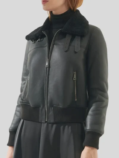 Women's Stylish Black Bomber Leather Jacket: Henley - Image 3