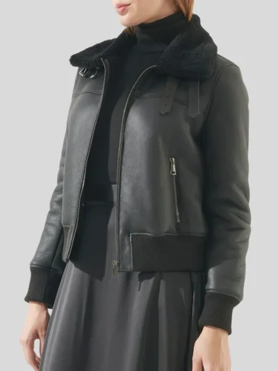 Women's Stylish Black Bomber Leather Jacket: Henley - Image 4