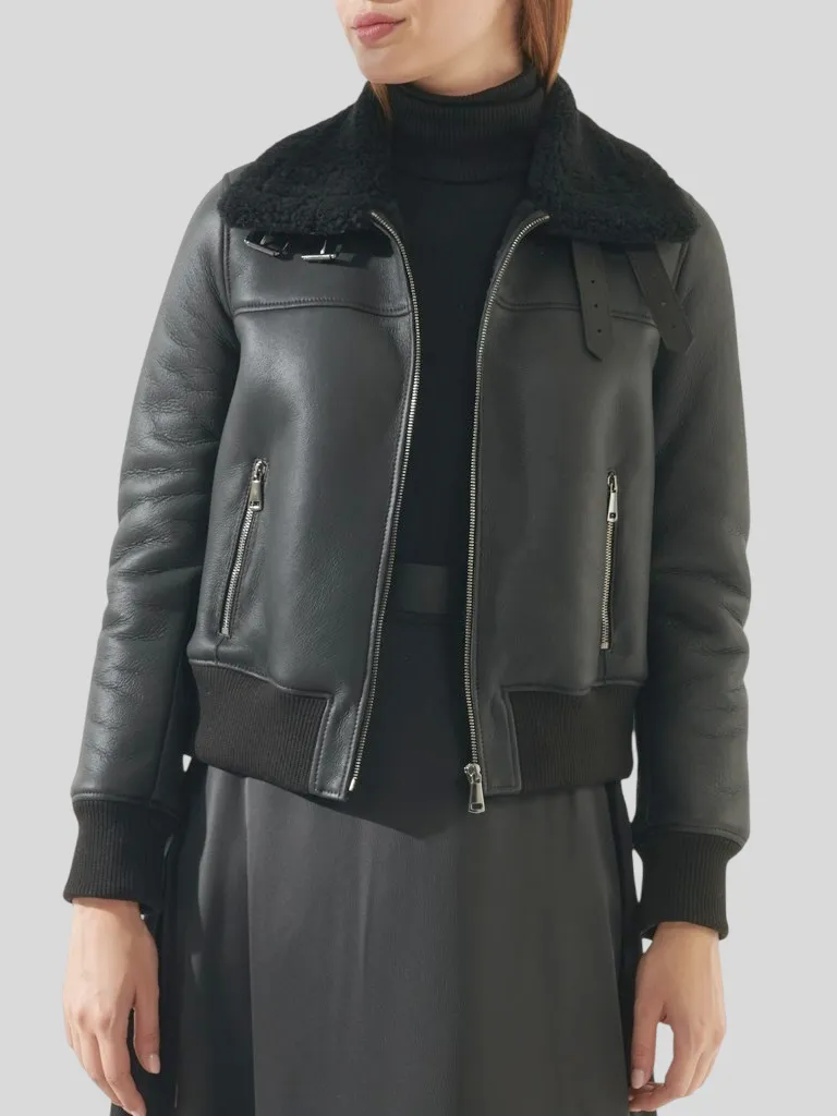 Women’s Stylish Black Bomber Leather Jacket: Henley
