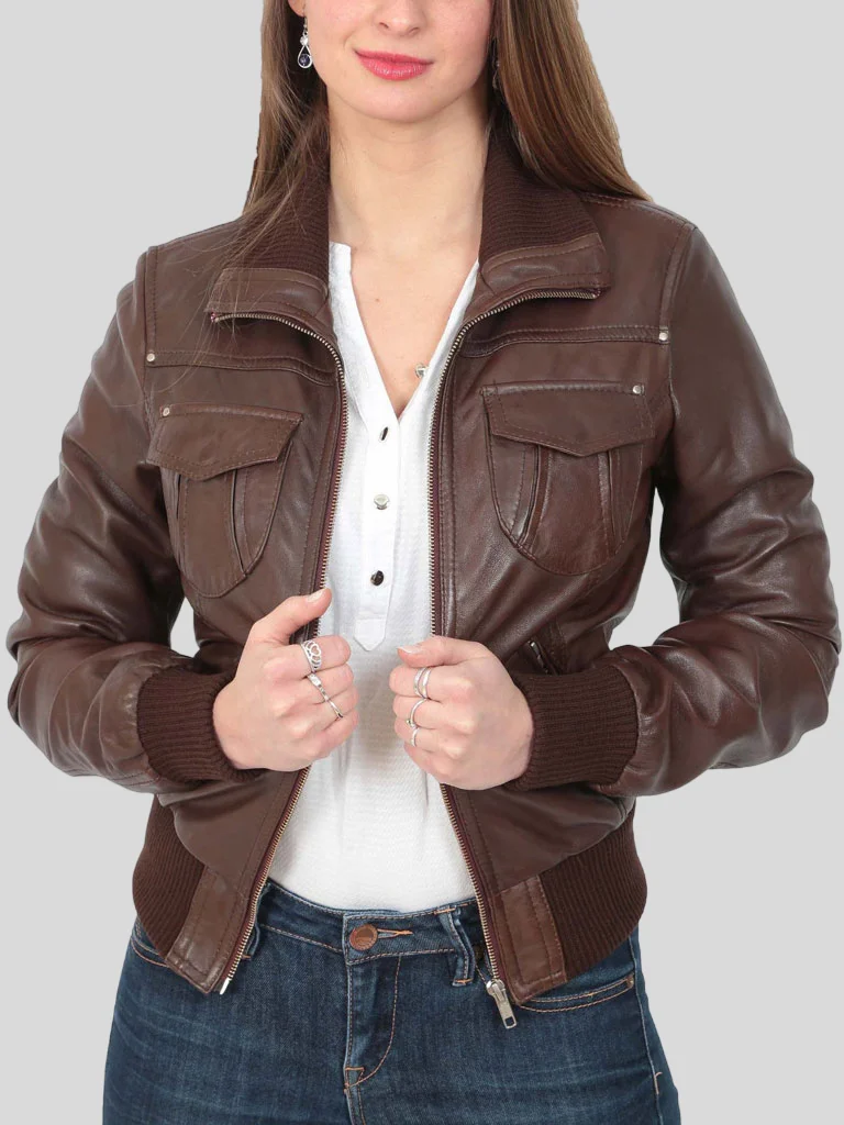 Women’s Classic Brown Bomber Leather Jacket: Dobson