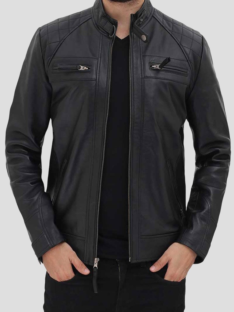 Men’s Black Quilted Biker Leather Jacket: Renwick
