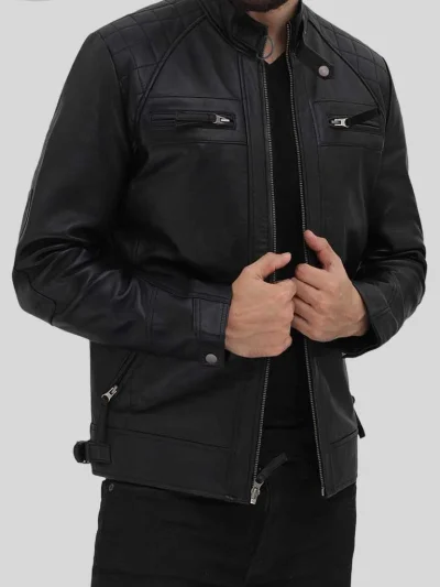Men's Black Quilted Biker Leather Jacket: Renwick - Image 4