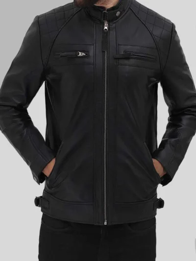 Men's Black Quilted Biker Leather Jacket: Renwick - Image 3