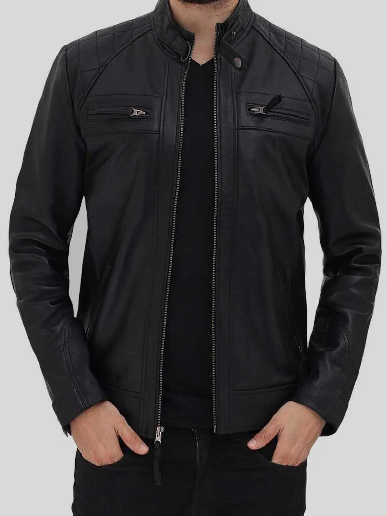 Men’s Black Quilted Biker Leather Jacket: Renwick