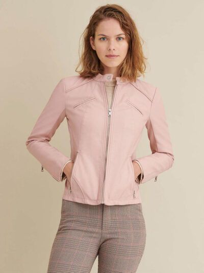 Womens Baby Pink Sheepskin Biker Leather Jacket