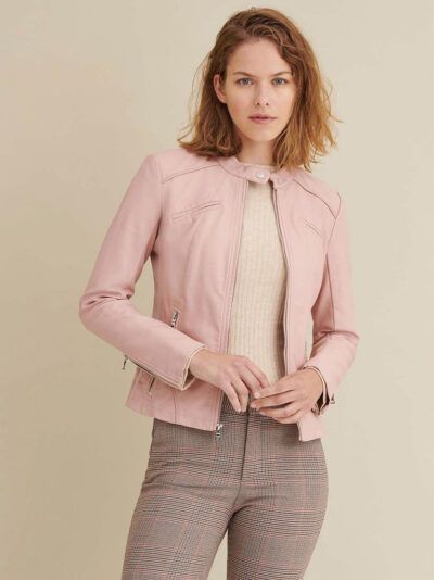 Womens Baby Pink Sheepskin Biker Leather Jacket