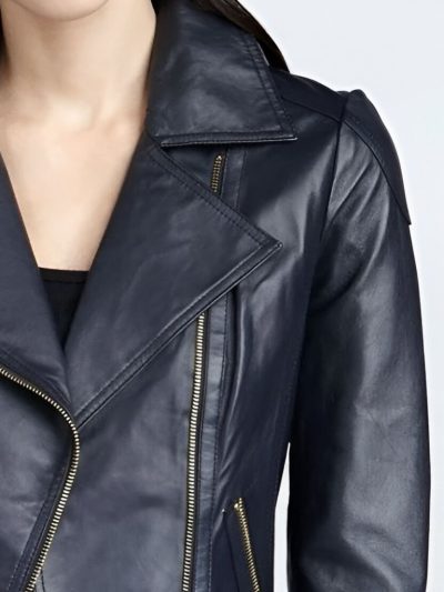 Women's Navy Blue Biker Leather Jacket: Queenstown - Image 3