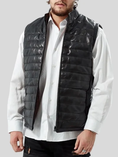 Men's Black Sleeveless Puffer Leather Jacket: Rangiora - Image 3