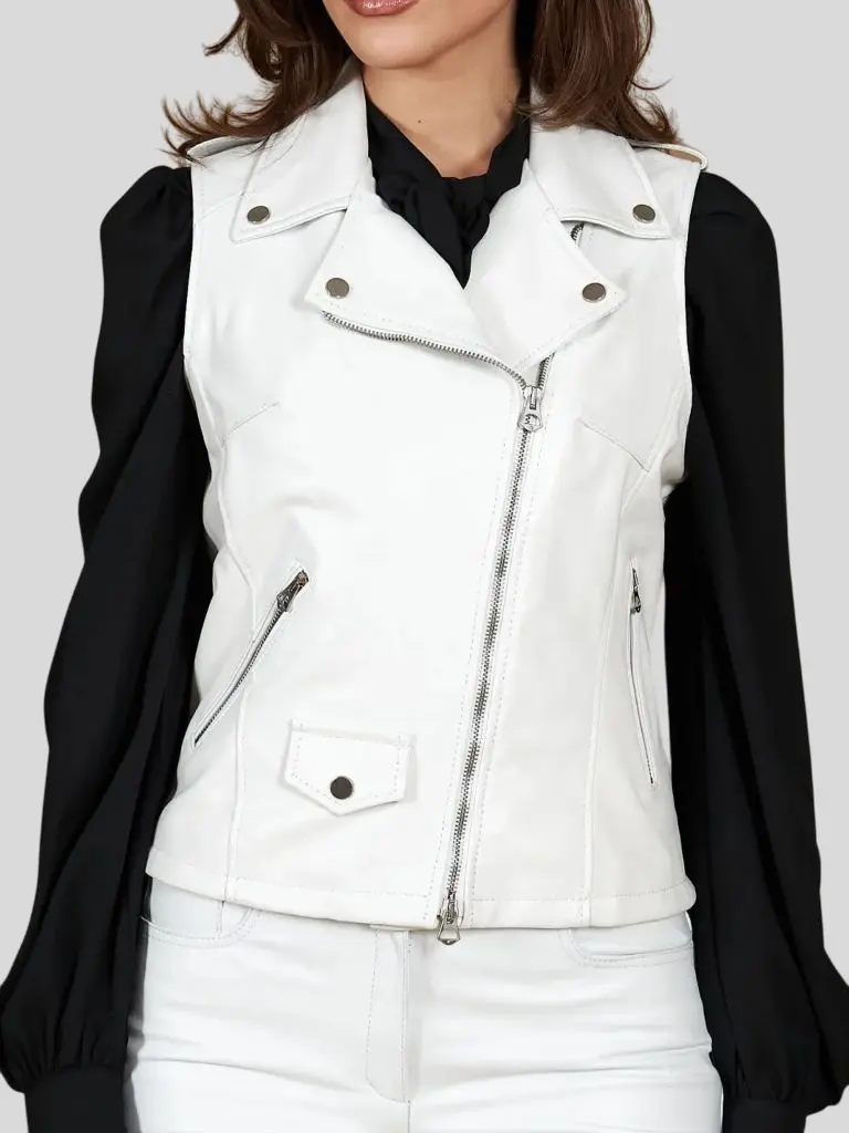 Women’s White Classic Biker Leather Vest: Plymouth