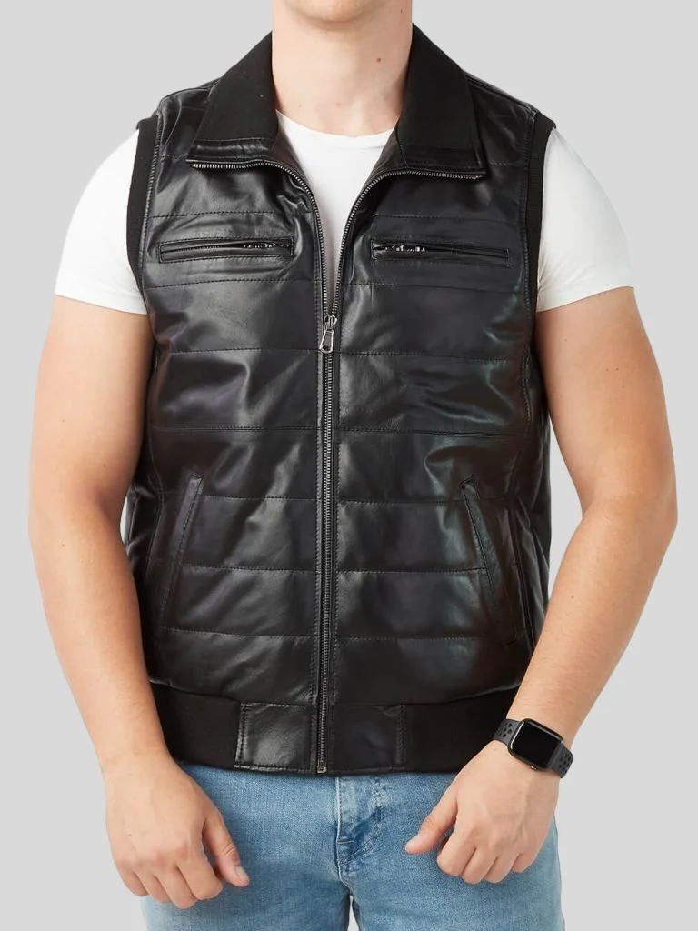 Men’s Black Leather Puffer Vest: Riverhead