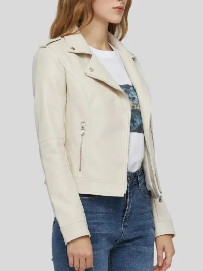 Women's White Biker Leather Jacket: Horeke - Image 4