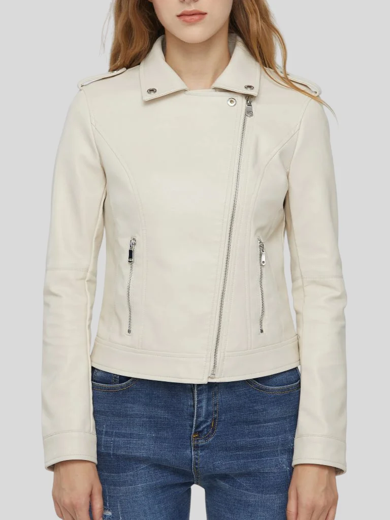 Women’s White Biker Leather Jacket: Horeke