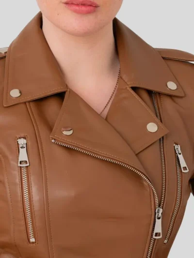 Women's Tan Biker Leather Jacket: Inglewood - Image 3