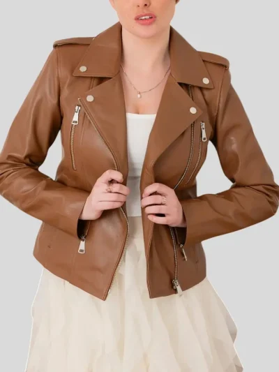 Women's Tan Biker Leather Jacket: Inglewood - Image 4