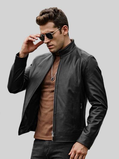 Men's Café Racer Black Leather Jacket: Linkwater - Image 4