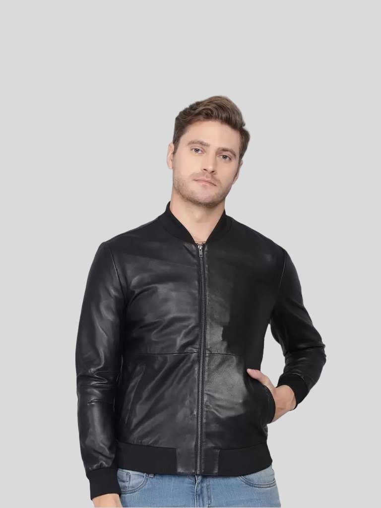 Men’s Black Bomber Leather Jacket: Napier