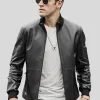 Men's Black Bomber Leather Jacket: Wairio