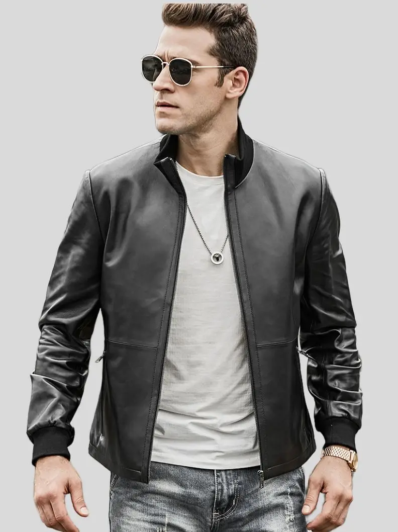 Men’s Black Bomber Leather Jacket: Wairio