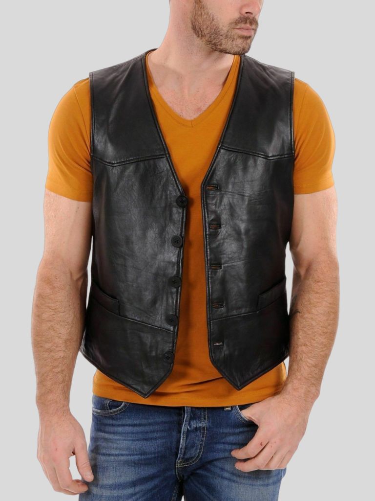 Men’s Black Leather Vest: Leigh