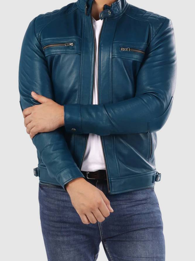 Men’s Blue Cafe Racer Leather Jacket: Owaka