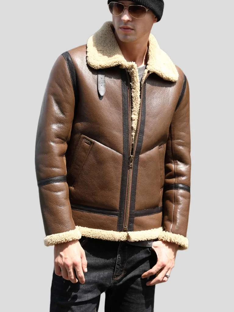 Men’s Brown Aviator Leather Jacket: Raglan
