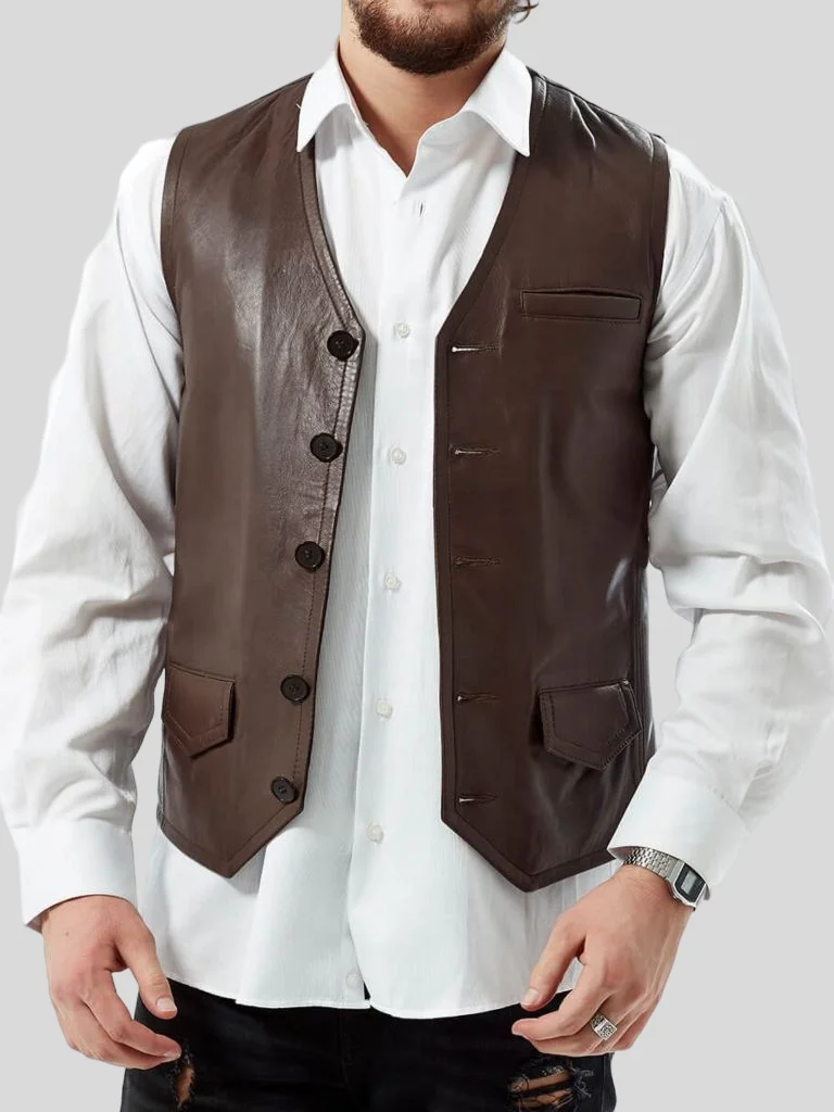 Men’s Brown Vintage Leather Vest: Clinton