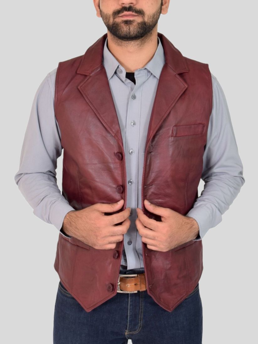 Men’s Burgundy Leather Vest: Clive