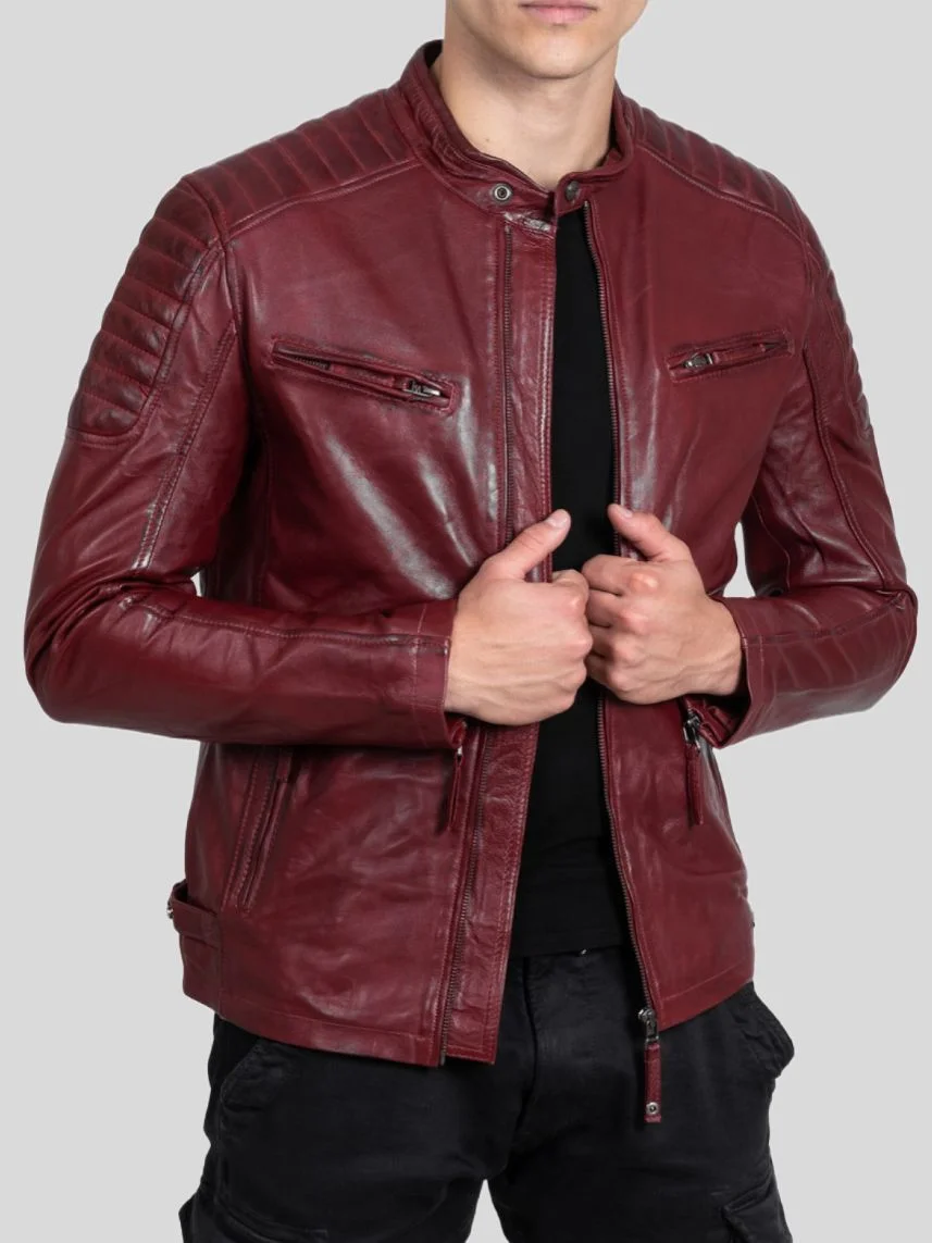 Men’s Oxblood Cafe Racer Leather Jacket: Ngataki
