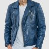 Men's Distressed Blue Biker Leather Jacket: Towai