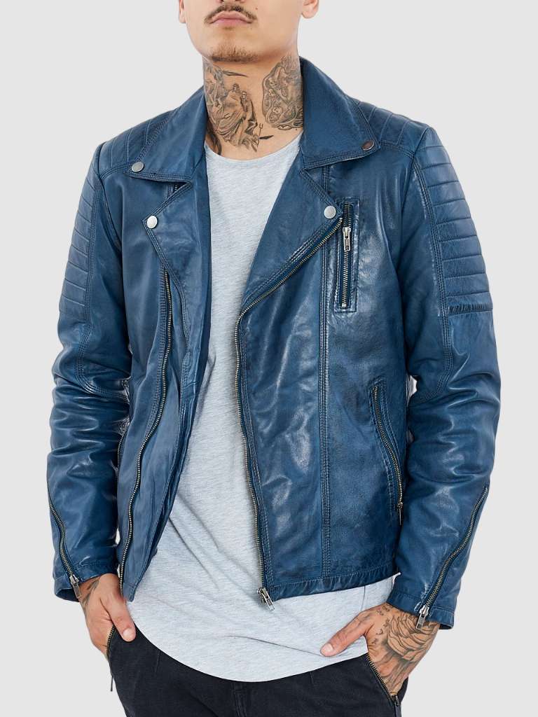 Men’s Distressed Blue Biker Leather Jacket: Towai