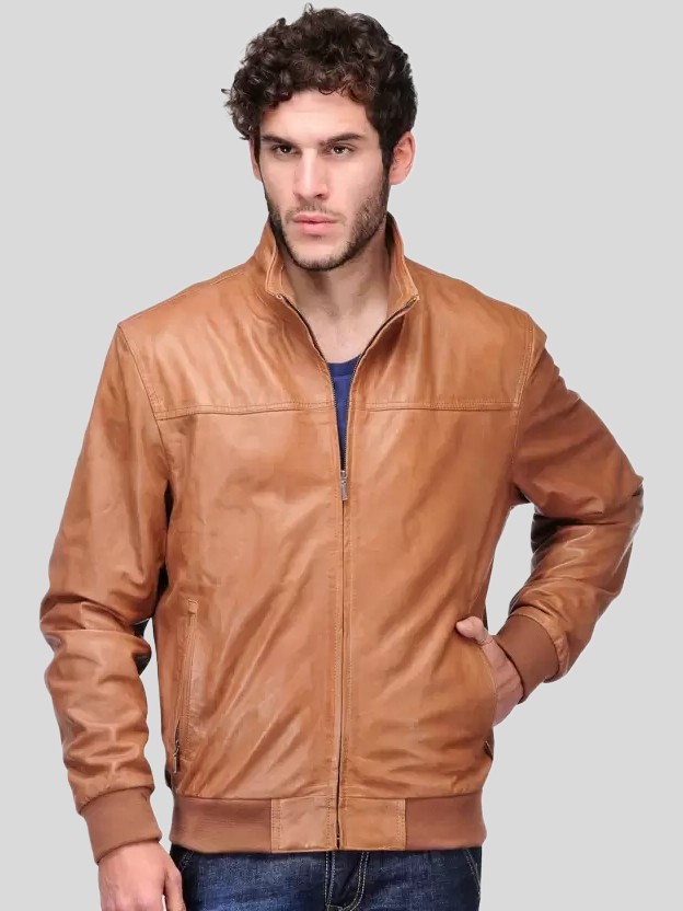 Men’s Tan Bomber Leather Jacket: Kurow